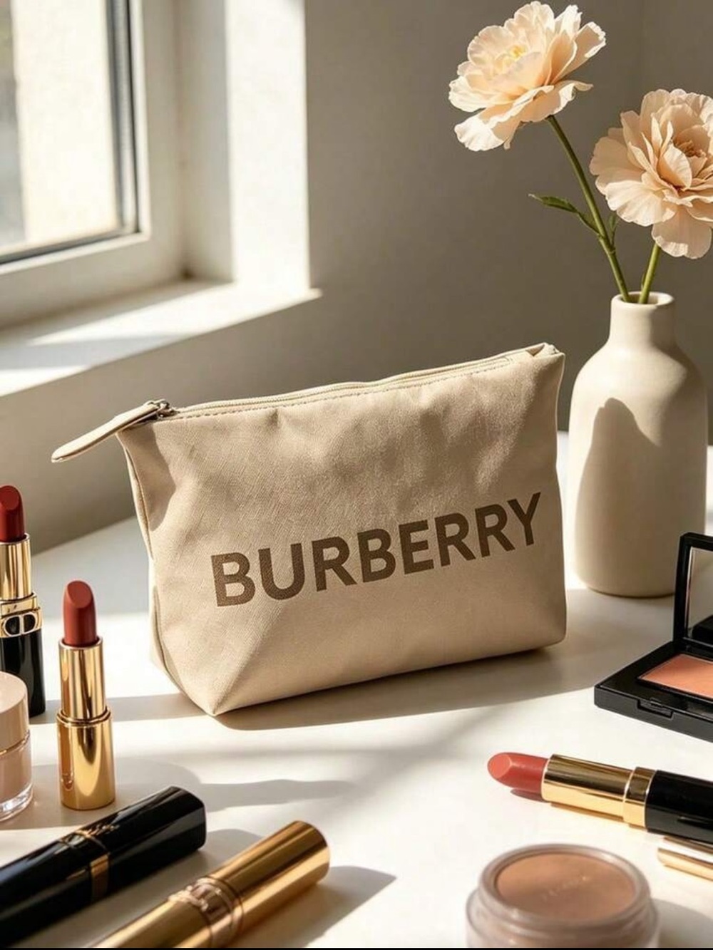 Burberry Beige Canvas Cosmetic Pouch with Logo